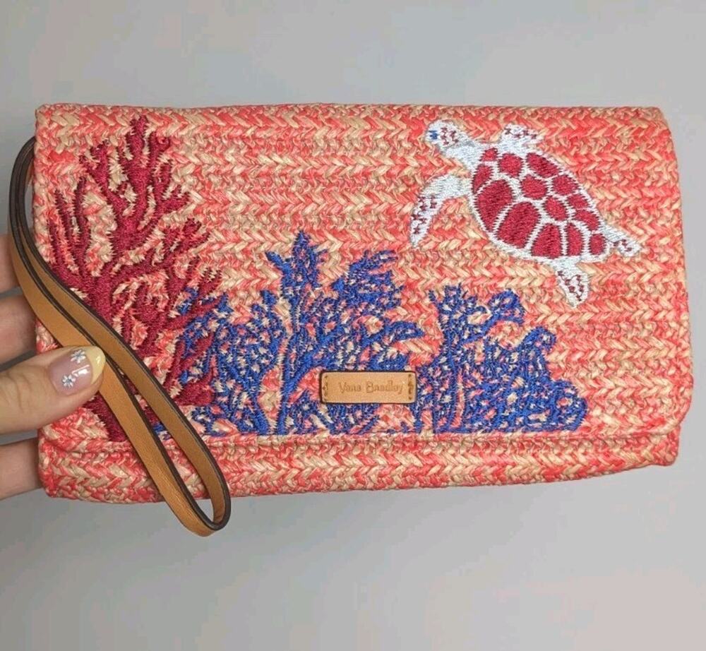Vera Bradley Straw Embroidered Sea Turtle Coral Wristlet Wallet Detachable Strap